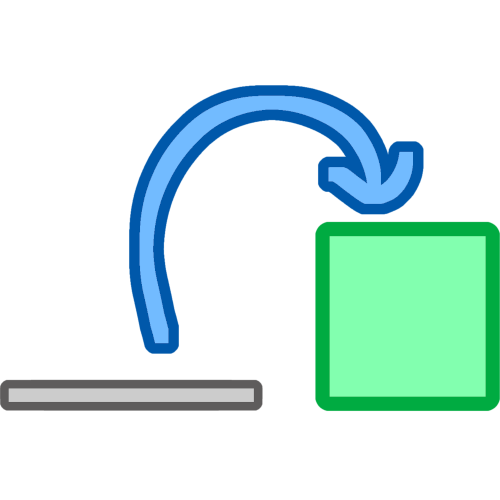 a grey line with a darker grey outline on the left, and a green square with a darker green outline on the right. there’s a blue arrow with a darker blue outline starting at the grey line and pointing up and to the right to the green square